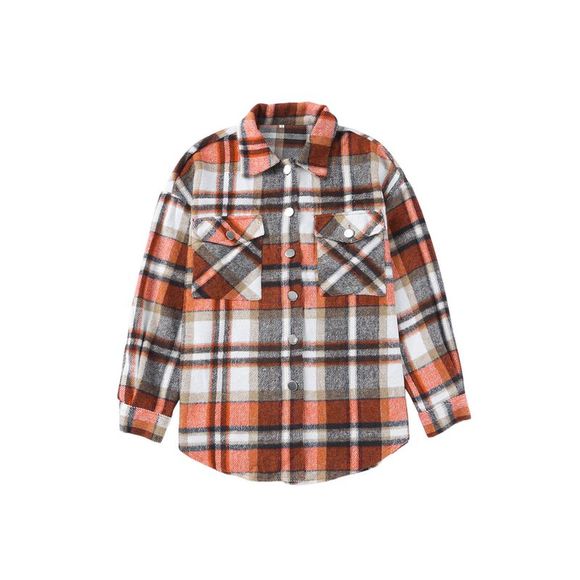 Azura Exchange  Orange Chest Pockets Flannel Plaid Shacket - Picture 13 of 15
